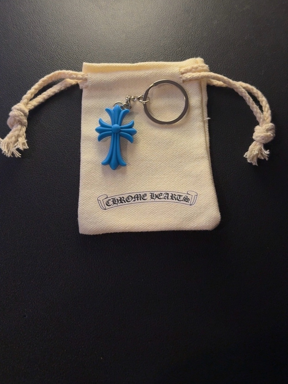 Chrome Hearts Blue Cross Keyring with Silver Ring